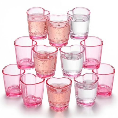 ATopoler 12 Pack Pink Shot Glass Set, 1.5oz Heart Shaped Shot Glasses Set,Plastic Glass for Whiskey, Tequila, Spirits & Liquors Valentine's Day, Bachelor Party
