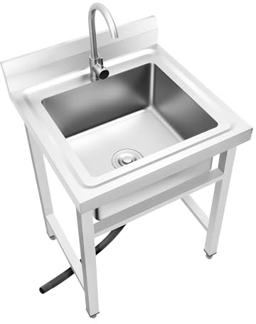 Fregadero de acero inoxidable de cocina, 1 bandeja profesional, 60 x 60 x 93 cm, inmersión de acero inoxidable independiente con grifo 360°, patas ajustables y respaldo, fregadero exterior interior