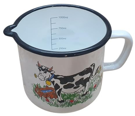 Emaille Milchtopf mit Kuh-Motiv, Weiß, 1 Liter mit Anzeige, Vintage Bauernhof-Design, 12 cm