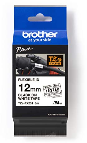 Brother TZe-FX231 Labelling Tape Cassette, Black on White, 12mm (W) x 8M (L), Flexible ID, Brother Genuine Supplies
