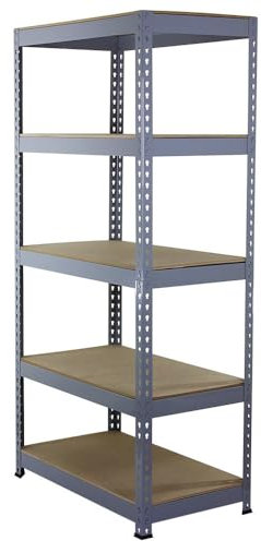 Estantería Gris Q-Rax De Acero Sin Tornillos 90x50x182.5cm con 5 Estantes Almacenamiento Almacenaje Herramientas Taller Almacén Garaje Estanteria Metalica Industrial Capacidad Peso 200kg por Estante