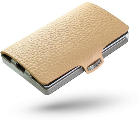 I-CLIP Original Herren Geldbörse – Slim Wallet mit Geldklammer – Mini-Portemonnaie mit Platz für bis zu 12 Karten – Ultraleicht mit nur 22g – Genarbtes Echtleder, Cremefarben – Silberner Rahmen