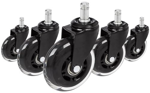 hjh OFFICE 729404 Bürostuhlrollen ROLO SKATE Schwarz/Transparent 5 x Hartbodenrollen 11 mm x 75 mm ohne Bremse