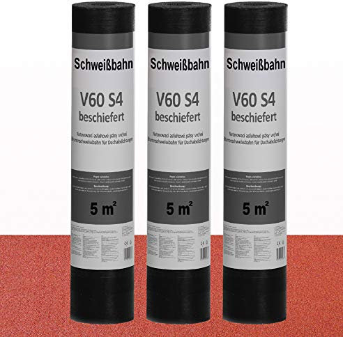 Isolbau Schweißbahn V60 S4 beschiefert - Bitumenbahn mit Glasvlies-Einlage zur Dachabdichtung - Rot, 3 x 5 m² Rolle