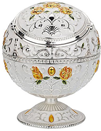 LAUYOO Windproof Ashtray with Lid for Cigarettes Metal Portable Cigar Ashtray Odor Eliminator for Indoor outdoor Hand Stamped Rose Pattern with Sparkle Fancy Gift for Men Women(Silver-Green Leaf)