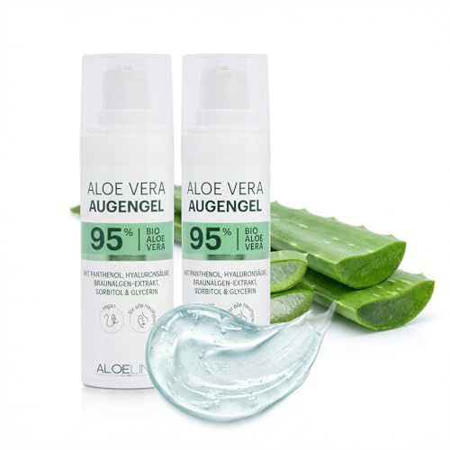 ALOE Line Augengel 95% Bio-Aloe Vera 2 x 30 ml, Hyaluronsäure, Panthenol, kühlend, feuchtigkeitsspendend, reduziert Schwellungen und Augenringe, vegan, duftfrei, für alle Hauttypen
