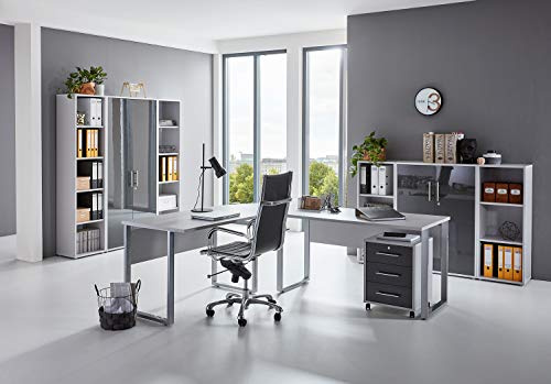 BMG Möbel Arbeitszimmer Office Edition Set 5 – Winkelschreibtisch mit Rollcontainer & Aktenschränken, Büro Komplettset in Grau/Anthrazit Hochglanz (Set 5)