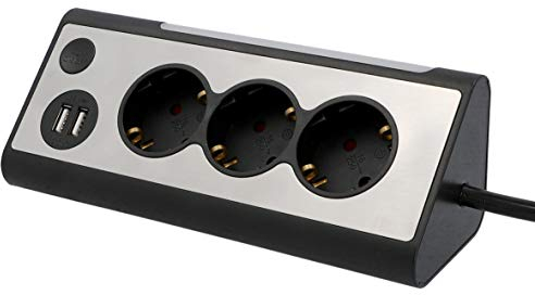 Unitec 30884 - Regleta de Esquina, 2 Puertos de Carga USB, 3 enchufes, iluminación led, Interruptor táctil, Frontal de Acero Inoxidable