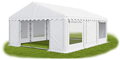Das Company Partyzelt 4x6m Lagerzelt Universalzelt Pavillon mit Moskitonetz weiß mit Bodenrahmen und Dachverstärkung Zelt 240g/m² PE Plane wasserdicht Gartenpavillon Summer Plus IPEM