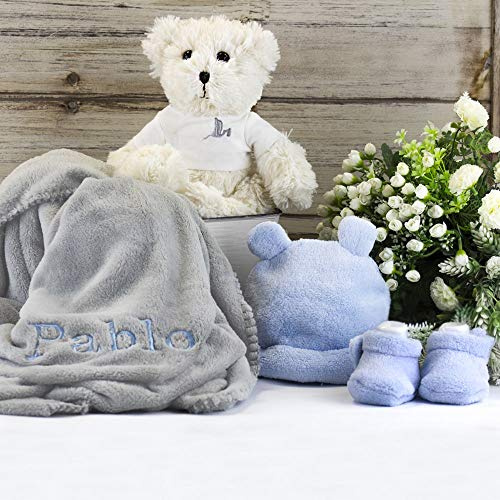BebeDeParis Personalisierte Geschenke für Neugeborene | Babykorb | Bär | bestickte Decke | kleines Set | 3-6 Monate (blau)