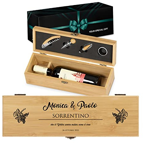 Maverton Cassetta Porta Vino Amore con Accessori, Kit Cavatappi da Vino | Personalizzato, Scatola in legno di bambù + 4 pezzi di Accessori Vino, idee regalo per anniversario, Amore