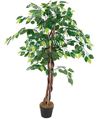 Künstliche Pflanze Ficus Holzstamm Blatt aus Stoff Blumentopf Kunststoff schwarz Dekobaum (115cm 462 Blätter)