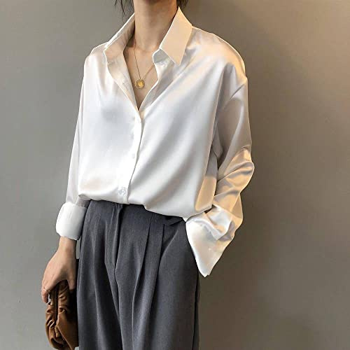 Blusas Mujer,Camisa De Seda Satinada Para Mujer/Solapa Sólida Blanca Chaqueta De Punto Suelta Básica/Encanto Elegante Blusa De Negocios De Oficina Blusas De Manga Larga Con Botones Blusas De Túni