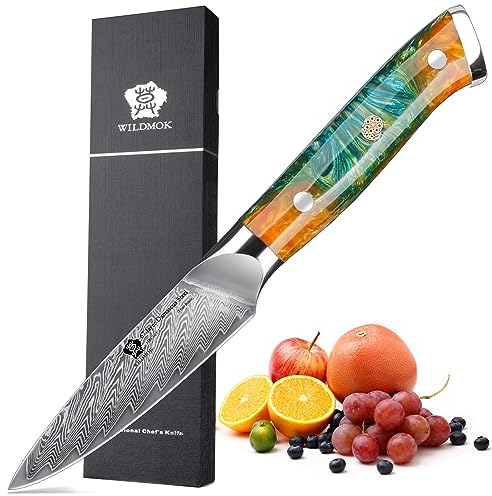WILDMOK Cuchillo de pelar Damasco de 8 cm, cuchillo de pelar profesional japonés de acero damasco de 67 capas, mango ergonómico de resina de espiga completa