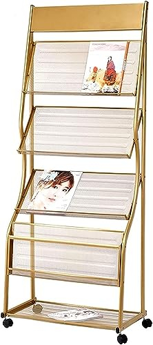 HACSYP Prospektständer, 4-lagiger Zeitungsständer, bodenförmiger Zeitungsständer aus Metallnetz, 48,5 x 35,5 x 159 cm Büro-Broschürenständer mit Rollen (Color : Gold)