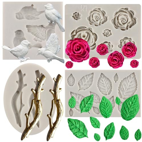 MYPRACS 4 Stück Rosenblume Silikonform Vogel Fondant Formen Ast Zweig Silikonform Rosenblatt Form für Kuchendekoration Cupcake Topper Süßigkeiten Schokolade Polymer Ton Gummipaste