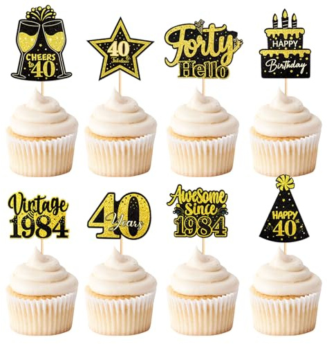 Blumomon 24 Pcs Gold 40th Happy Birthday Cake Topper Glitter Happy 40th Cupcake Topper Cheers to 1984，Cake Decoration for 40th Birthday Party Decoration Supplies 40th Anniversary Cake Topper