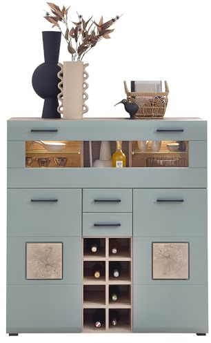 Lomadox Vitrine Barschrank mit Beleuchtung, Eiche mit Schilfgrün