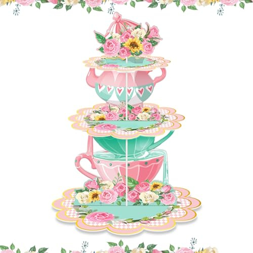 MAIGO 3 Tier Floral Teapot Paper Tea Party Decorations - Afternoon Tea Decorations Stands, Princess Afternoon Tea Stands Party Decorations, Vintage Cardboard Cup Cake Stands for Afternoon Tea