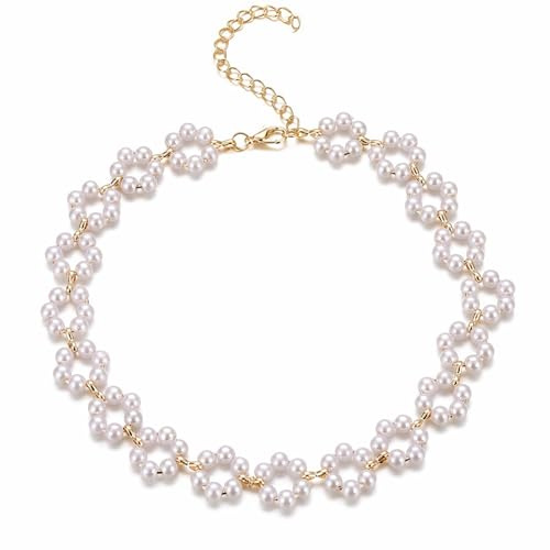 Dishowme Collar de gargantilla de flor de perlas sintéticas tejidas collar collar collar cadena joyería para mujeres, 40 cm