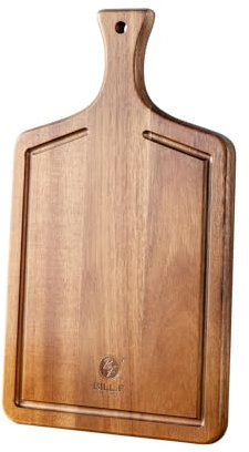 Bill.F Acacia Wood Cutting Board, Wood Kitchen Chopping Board with Special Sinks, Wood Paddle Cutting Boards, Professional Grade Wooden Cutting Board with Grip Handle（23x39x2.5cm）