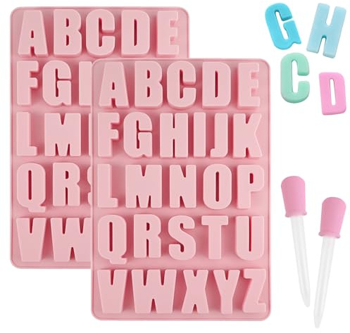 2PCS Large 26 Letters Silicone Moulds A-Z, Reusable Cake Letters Chocolate Mould, Non-Stick DIY Edible Letters for Cakes Chocolate Moulds Silicone with 2 Droppers, for Cake Decoration