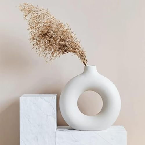 Lywins Vase Décoratif en Céramique, Décoration de Salon - Vase Rond d'Art Moderne Blanc Donut, Pour la Chambre à Coucher, Mariage et Table - Taille S (12.5 x 13CM)