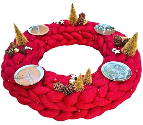 Wollblüte Adventskranz aus Wolle | Natur Adventskränze | Weihnachtskranz | Adventskranz rot (ohne Glitzer)