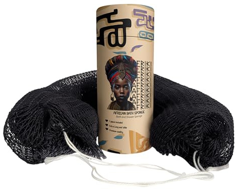 African Net Sponge, Premium Authentic Exfoliating Body Scrubber, Extra Long Stretch Bath Sponge for Shower, Deep Exfoliating Washcloth for Smooth Skin, 1 Pack (Black)