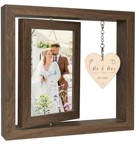 EYITUPC Rotating Floating Mr and Mrs EST 2025 Photo Frame Wedding Gifts for Bride and Groom - Display Two 4x6 Inch