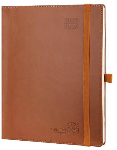 POPRUN Kalender 2025 2026 Wochenplaner (Aug.2025-Dez.2026) Softcover mit PU-Leder, ca. A4 (26,5 x 21,5 cm), 17-Monate-Terminplaner 1 Woche 2 Seite mit FSC®-Zertifiziertem Papier - Braun
