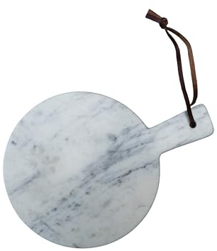 Arthur Cameron - Handmade Round White Marble Chopping Board/Serving Platter with Built-in Handle and Leather Strap - Functional Kitchen Decor, Perfect as a Small Cutting Board or Cheese Board