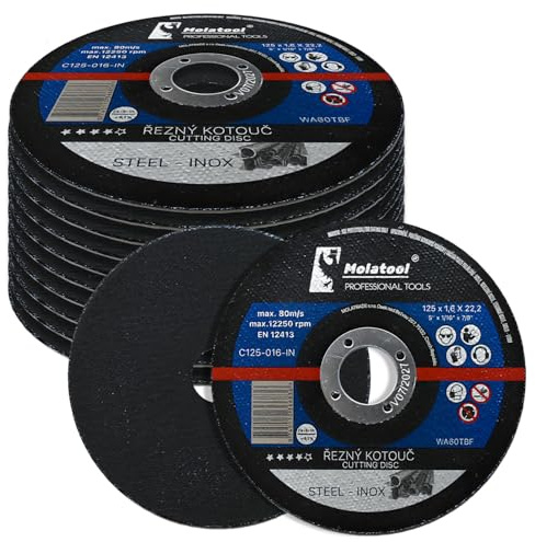 Molatool Lot de 10 disques à tronçonner professionnels 125 x 1,6 x 22,2 mm pour métal, acier, acier inoxydable/inox, pour meuleuse d'angle