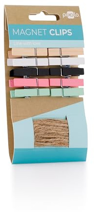 Clips magnétiques avec cordon décoratif, clips en bois magnétiques multicolores, mini pinces à linge pour bricolage, décoration, photos, cadeaux et cartes, contenu : 10 clips + ficelle décorative en