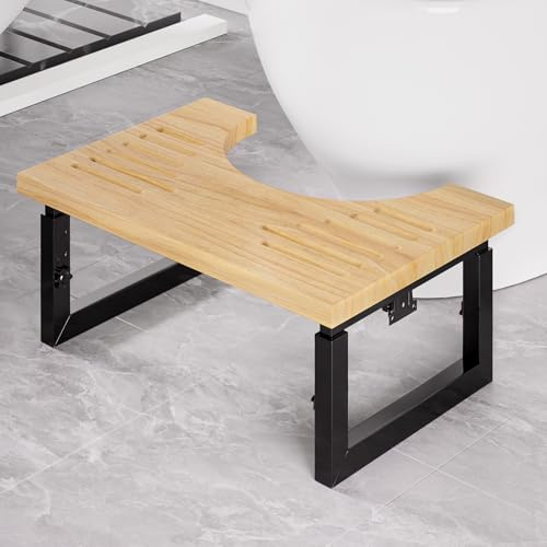 Yorbay Metall Holz Kackhocker Toilettenhocker: Anti-Rutsch (Natur Schwarz) | Klohocker für Erwachsene mit Anti-Rutsch - Verstellbarer WC Toiletten Hocker, Klappbarer Ergonomischer Toilet Stool