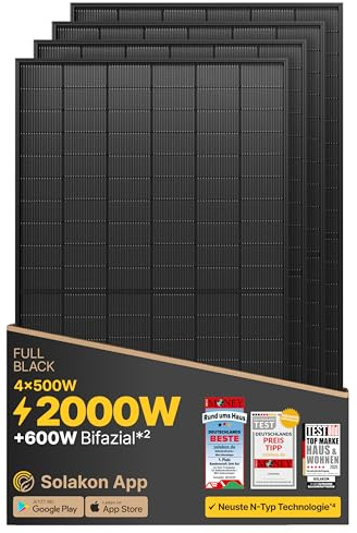 Solakon Solarpanel 500W, Bifazial Glas-Glas N-Type Solarmodul, 40v Full Black Solarmodule/Solar Module für Balkonkraftwerk/Solaranlage, 500w Solar Panel für Photovoltaik Komplettanlage (4 Stk)