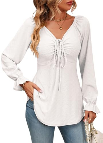 Atxnn Damen Blusen V Ausschnitt Oberteile mit Krawattenschleife Geraffte Langarmshirt Sexy Niedlich Tunika Tops Lässige Shirt Hemd Streetwear, WEIß M