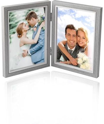 Baieye Bilderrahmen Doppelt Klappbare,Fotorahmen 10x15cm,Doppelbilderrahmen Holz,für Tischaufsteller oder Geschenke (Grau)