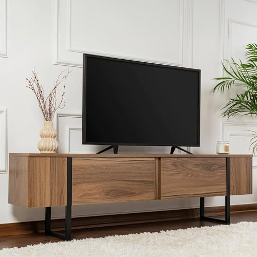 Dmora - Meuble TV Colzate, Buffet de Salon, Armoire Basse pour TV, Base Murale de Rangement, 180x30 h50 cm, Noyer et Noir