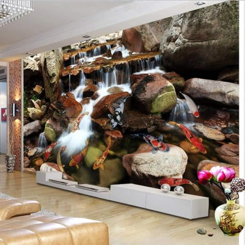 XLMING Stereoskopische Wassersteine Fisch 3D Tapete Dekorative Speisesaal Arbeitszimmer Wohnzimmer Schlafzimmer Sofa TV Wand-250cm×170cm