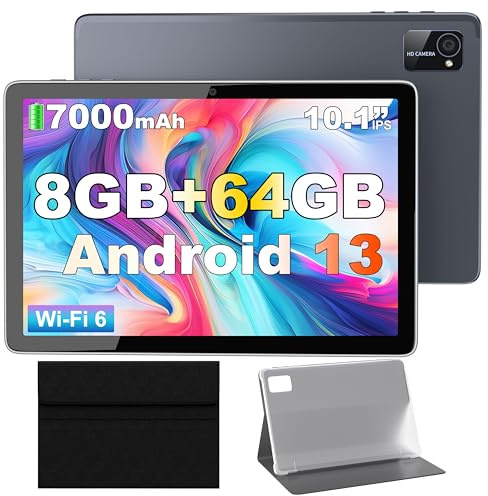 Tibuta BYYBUO Android 13 Tablet,10.1 inch Tablet with Case, 64GB ROM Quad-Core Processor 7000mAh Battery, 1280x800 IPS FHD Touchscreen 5MP+8MP Camera, Bluetooth, WiFi, SmartPad GrayBlue