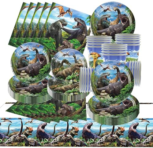 81 Pezzi Dinosauri Stoviglie per Feste di Compleanno，Addobbi Compleanno Dinosauri，Tovaglia，Piatti Carta