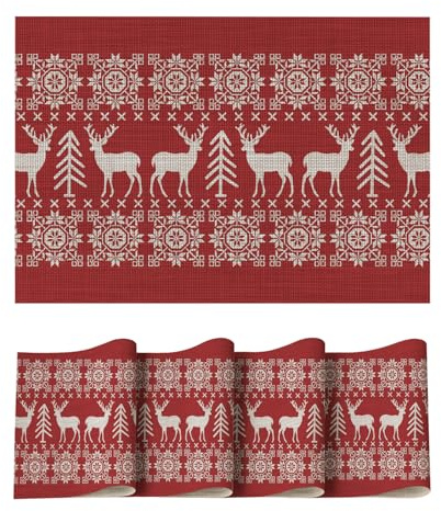 Artoid Mode Rot Rentier Weihnachten PVC Platzsets 4er Set, 30x45cm Winter Tischsets Schmutzabweisend Hitzebeständig Platzdeckchen Küche Deko