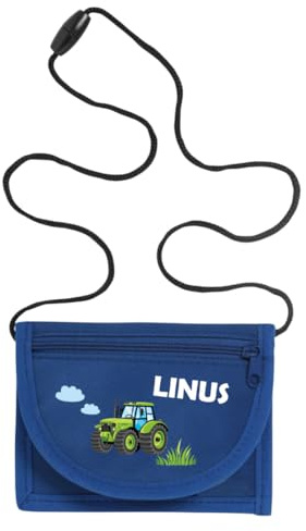 minimutz Geldbörse Kinder personalisiert, Kindergeldbeutel mit Name, Brustbeutel Traktor Jungen (Royalblau)