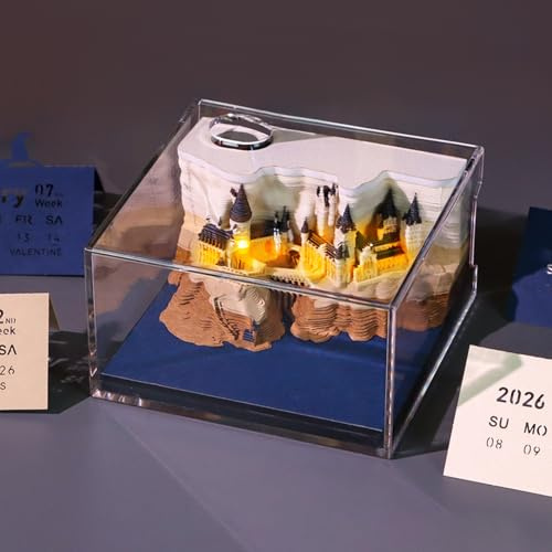 3D Kalender 2026 Abreißen, 3D-Notizblock Tischkalender-Notizblock mit Licht, 3D Castle Wochenkalender mit Stifthalter, Kreative 3D Papierskulptur mit Glasklarem Anzeigebox, DIY Desktop Ornament