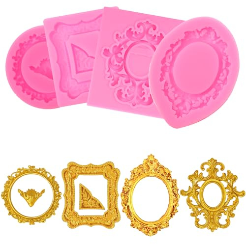 4 Pcs Pink Photo Frame Silicone Molds, 6 Styles Vintage Frame Molds, Easy Release Baking Mold for Chocolate, Fondant Mold, Cupcake Topper, Chocolate, Candy, Polymer Clay