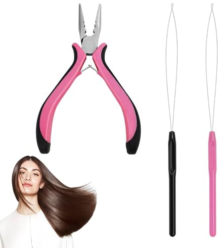 3 Pcs Professional Nano Hair Extension Tools, Hair Extension Pliers Kit Includes 1 Plier and 2 Loop threaders, Nano Bead Tool for Easy Hairs Extensions and Removal Tool