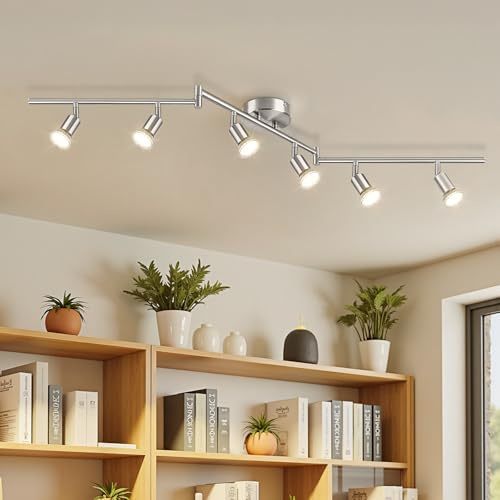 Ketom Plafonnier LED 6 Spots Nickel, GU10 Pivotants Plafonnier Industriel Moderne, Luminaire Spot Plafond Intérieur pour Cuisine, Chambre, Salon, Couloir, Sans Ampoules