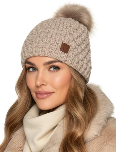 Baesics Bommelmütze Damen Herren Creme - Zopfmuster Wintermütze warm