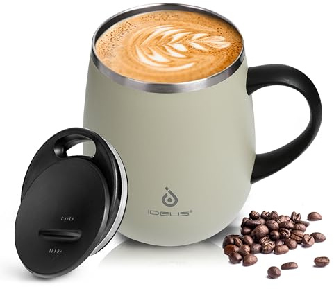 Ideus 16 oz (470 ml) Insulated Coffee Mug with Handle and Lid, Double Wall Stainless Steel Vacuum Thermal Coffee Mug, Travel Coffee Cup Thermal Cup for Home and Office (Celadon)
